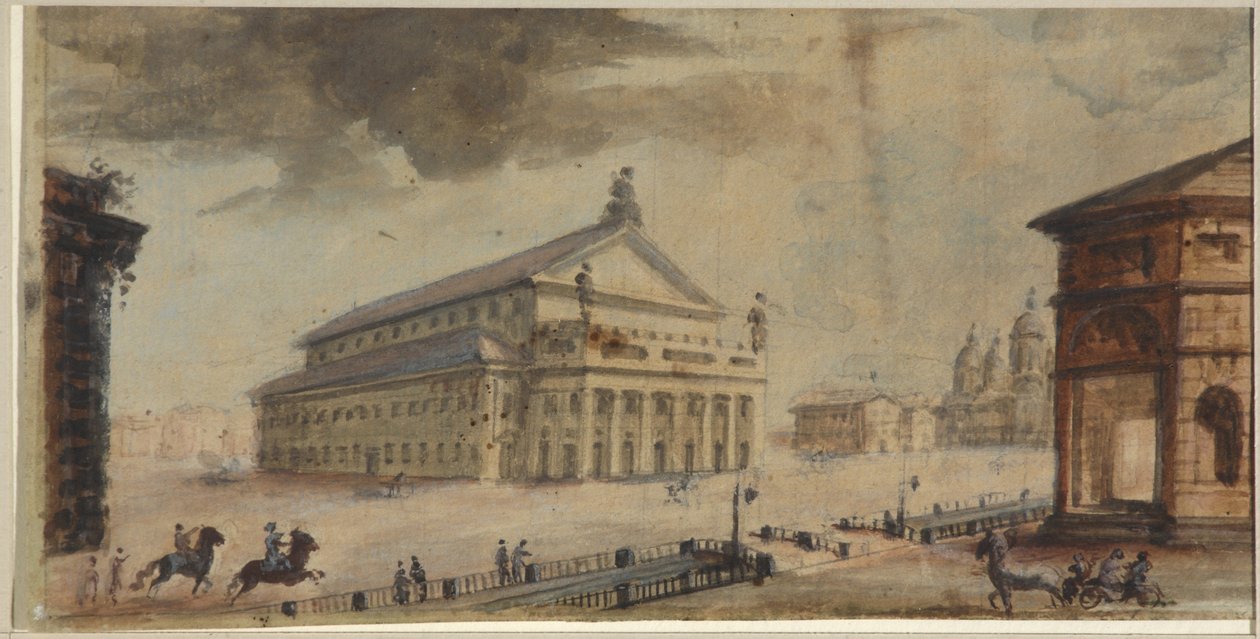 Pietarin keisarillinen Bolshoi Kamenny -teatteri - Domenico Felice Lamoni (1745-1830). Akvarelli ja valkoinen väri paperille, ennen 1783. Pietarin valtionhistoriallinen museo tekijältä Domenico Felice Lamoni