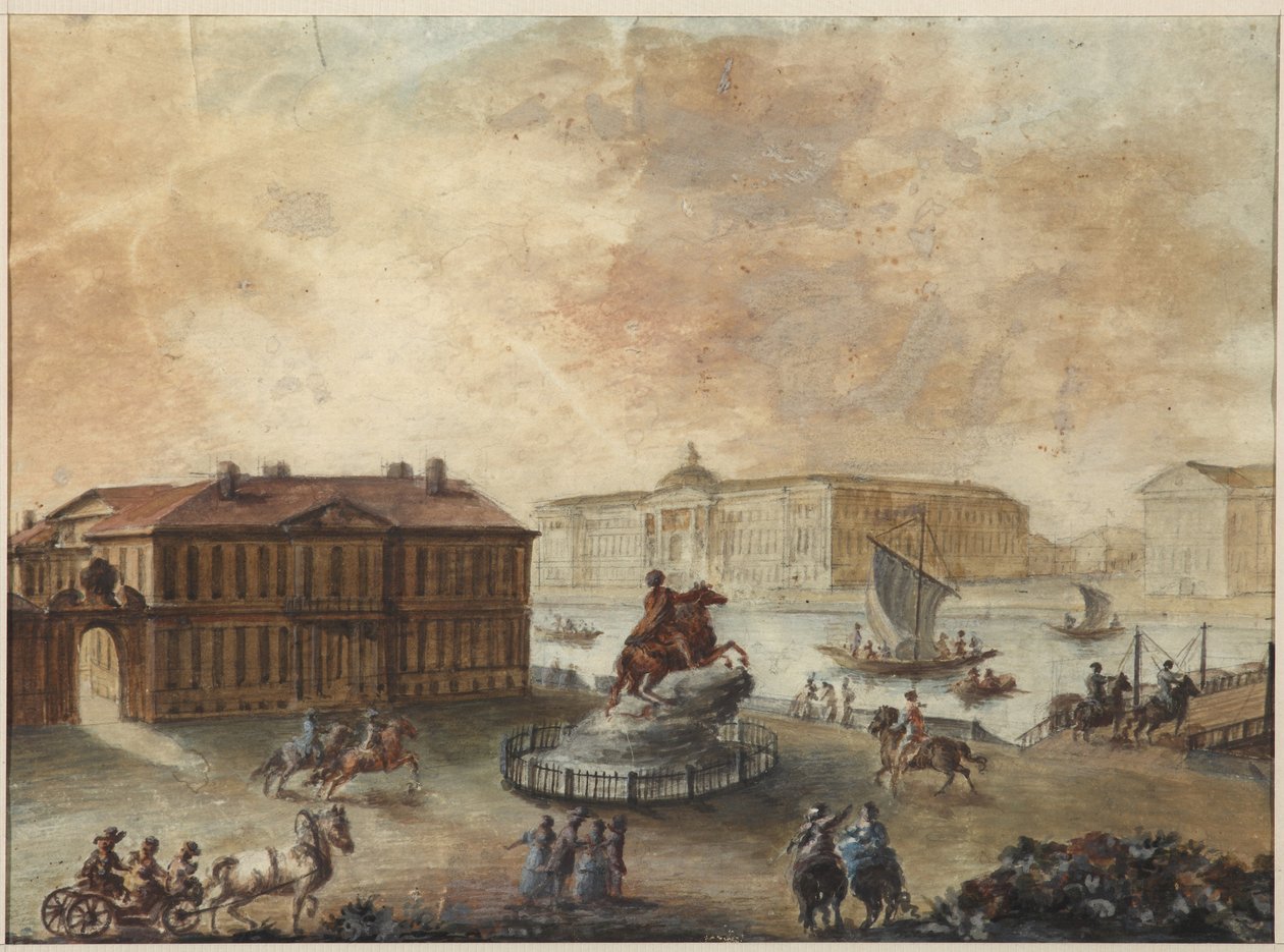 Pietari Suuren ratsastuspatsas Senaatin aukiolla (place de Senat, place des decembristes ouplace de Pierre) - Domenico Felice Lamoni (1745-1830). Akvarelli ja valkoinen väri paperille, vuoden 1782 jälkeen. Pietarin valtionhistoriallinen museo tekijältä Domenico Felice Lamoni