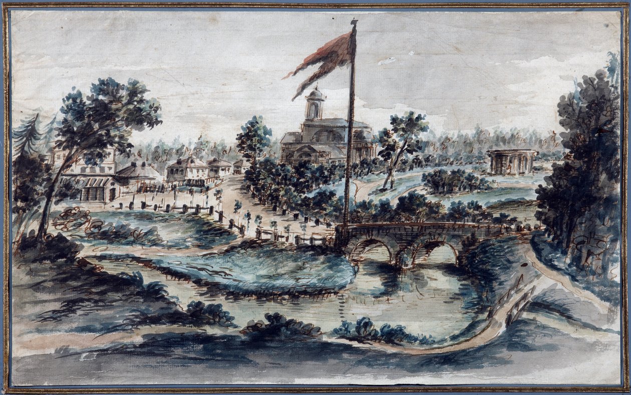 Näkymä Pavlovskin puistosta ja Pyhän Maria Magdaleenan sairaalasta, n.1783 (wc paperille) tekijältä Domenico Felice Lamoni