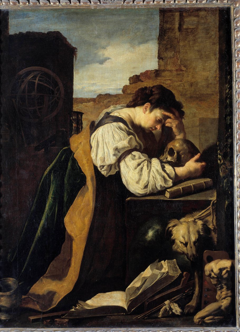 Melankolia Surullinen nuori nainen kumartuu kallon pään yli, käsivarsipallo takanaan. Domenico Fetin (1589-1624) maalaus (Turhamaisuus) Sun. 1,71 x 1,28 m. tekijältä Domenico Feti