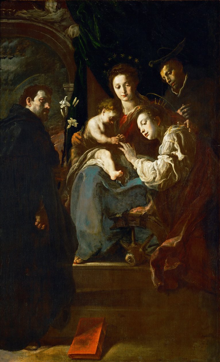Barokki: Pyhän Katariinan mystinen avioliitto pyhän Dominicin ja pyhän Pietarin marttyyrien kanssa - Pyhän Katariinan mystinen avioliitto pyhien Dominic ja Pietari marttyyri Fettissä, Domenico (1588/90-1623) tekijältä Domenico Fetti or Feti