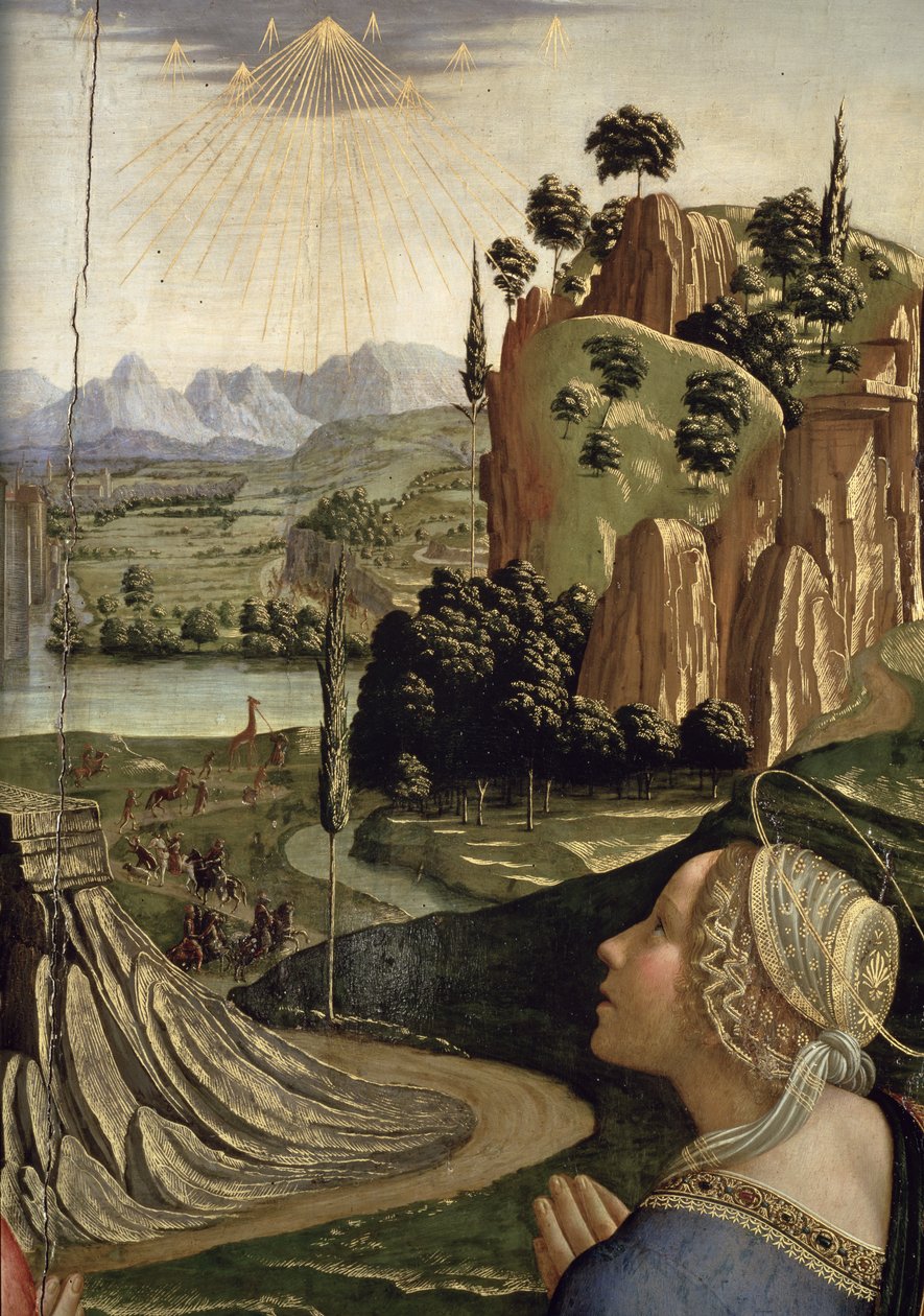Kristus kirkkaudessa pyhimysten kanssa, yksityiskohta maisemasta, 1492, paneeli yksityiskohta kuvasta 85137. tekijältä Domenico Ghirlandaio
