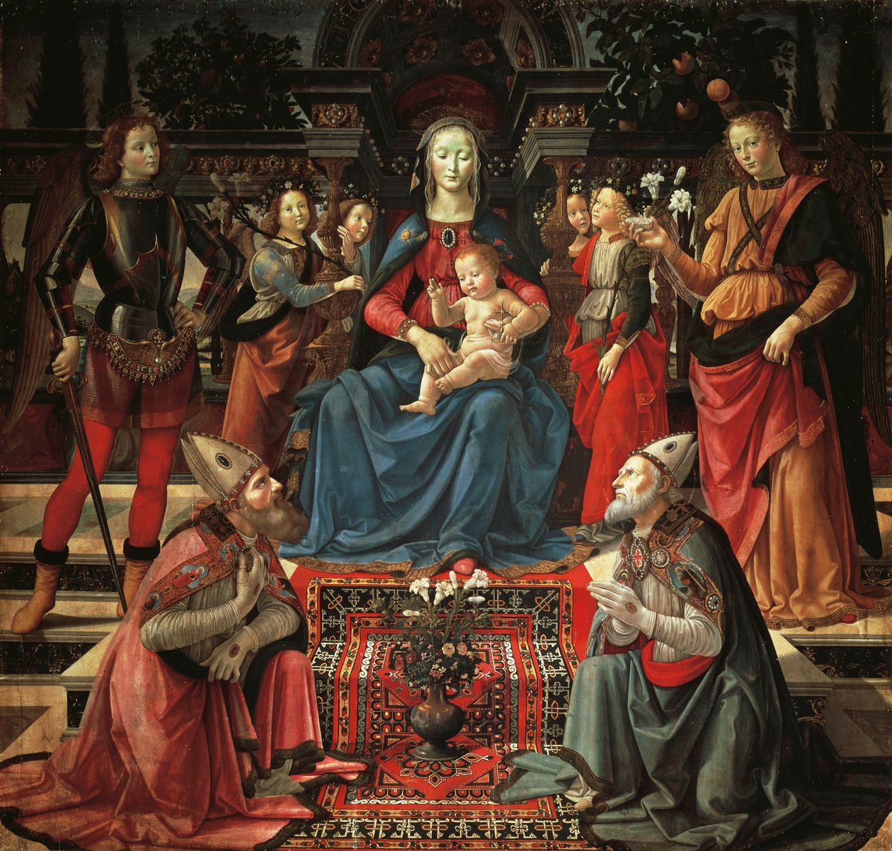 Madonna ja lapsi istuu, St Zenobius, St Just, Pyhä Mikael arkkienkeli ja Pyhä Rafael arkkienkeli, noin 1483, Domenico Ghirlandaio (1449-1494), tempera puulla tekijältä Domenico Ghirlandaio