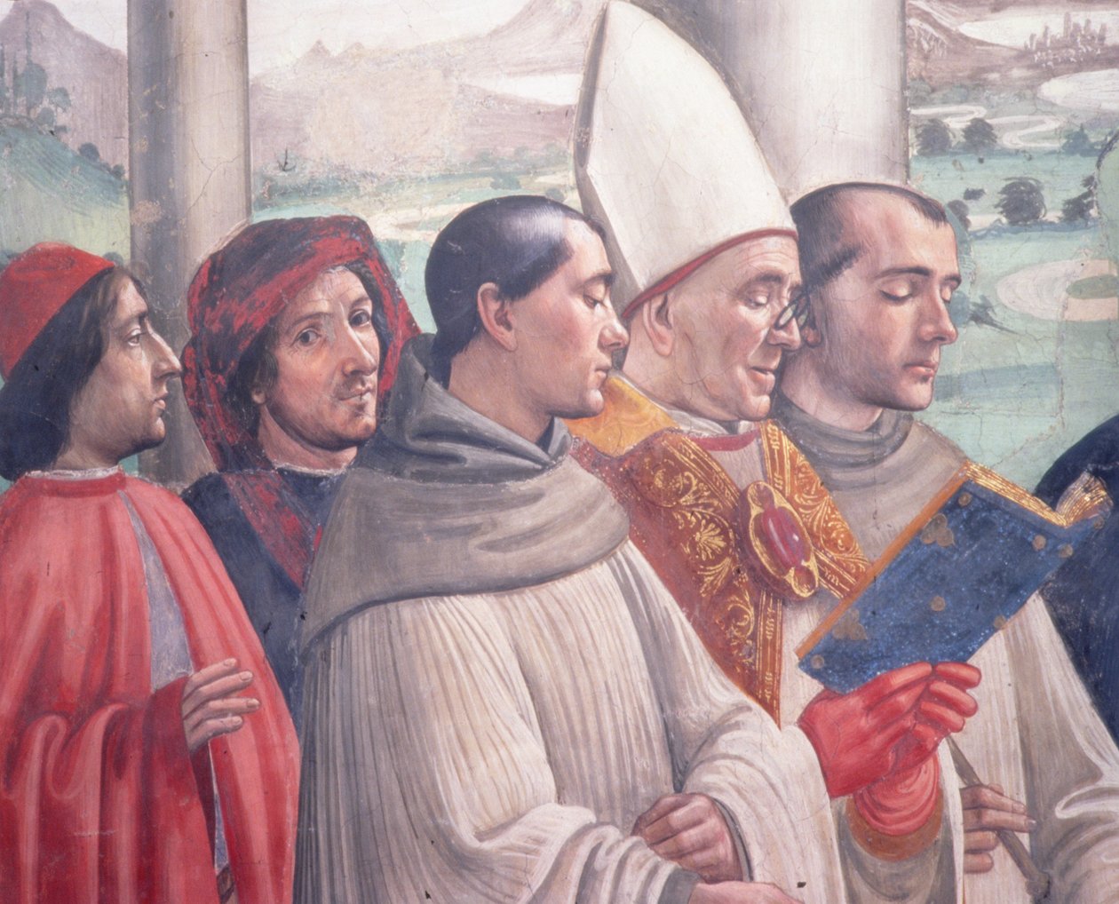 Pyhän Fransiskuksen kuolema, kohtaus Assisilaisen pyhän Fransiskuksen elämänkulkusarjasta, 1486, fresko, yksityiskohta 85239:stä. tekijältä Domenico Ghirlandaio