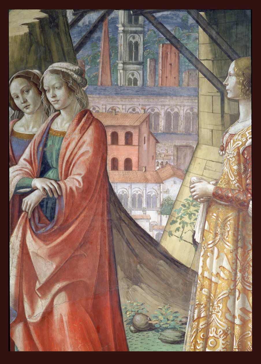 Vierailu, yksityiskohta kaupungista ja naisista, Johannes Kastajan elämästä, 1490, fresko yksityiskohta 60461:stä tekijältä Domenico Ghirlandaio