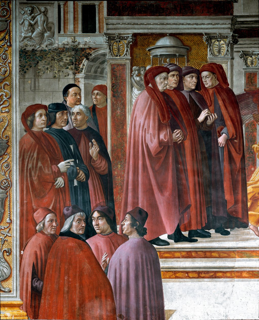 Sakariassa (Zaccharia) tehty ilmoitus Alla vasemmalla ovat ajattelijat ja älymystöt Marsile Ficin (Ficino), Cristoforo Landino, Angelo Poliziano ja Demetrios Chalkondyles (Calcondila). Yksityiskohta. Fresko Domenico di Tommaso Bigordi dit Ghirlandaio (14 tekijältä Domenico Ghirlandaio