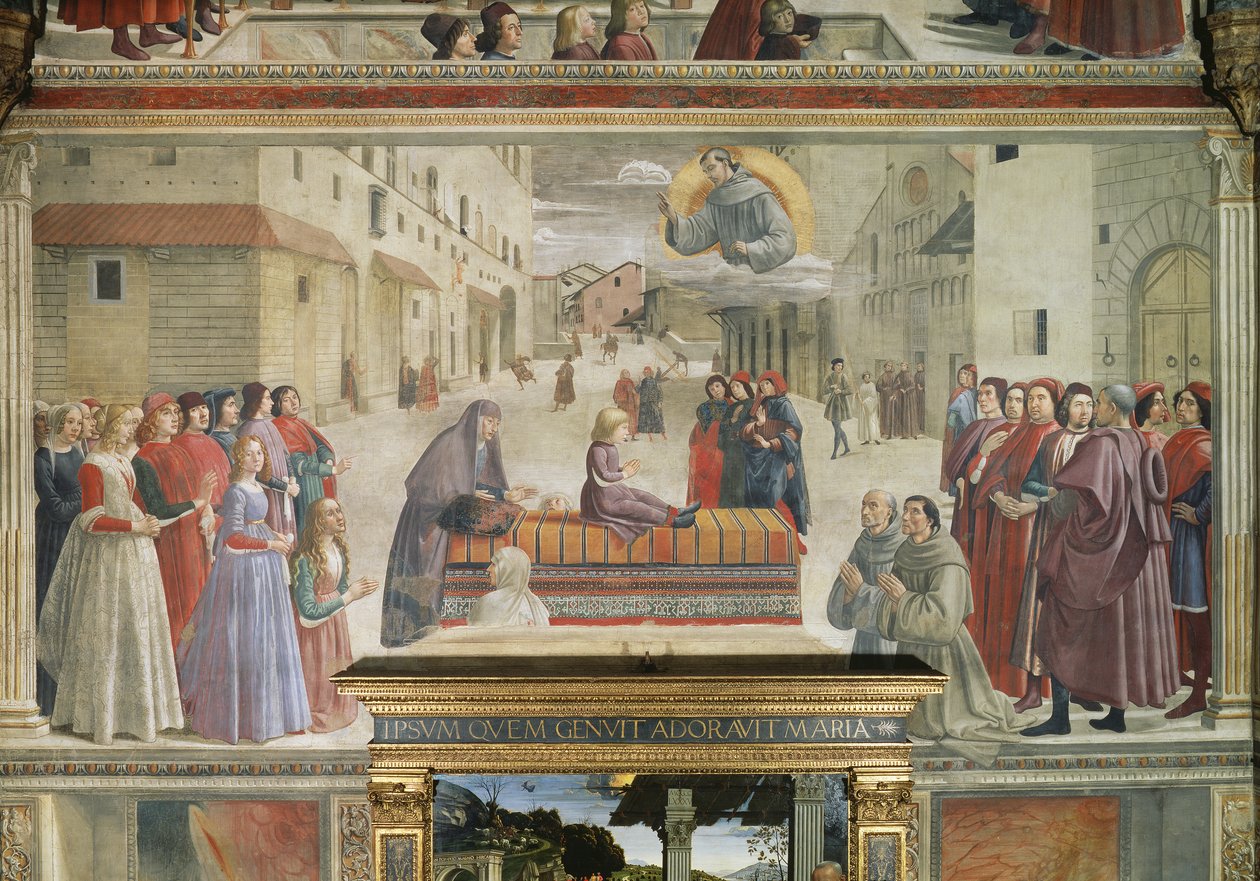 Eloon herätetyn pojan ihme, kohtaus pyhän Franciscus Assisilaisen elämänkulkusarjasta, 1486 fresko, yksityiskohta 52660:stä. tekijältä Domenico Ghirlandaio