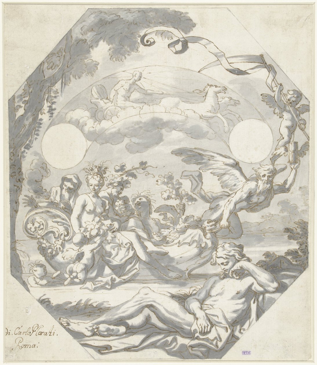 Suunnittelu kellotaululle, jossa on mytologinen allegoria tekijältä Domenico I Piola (attributed to)