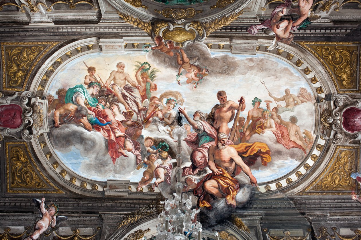 Tarjous Jupiterille Januksen temppelin (tai rauhan allegorian) avaimista, jalokerroksen kattoa, noin 1665 (fresko) tekijältä Domenico I Piola