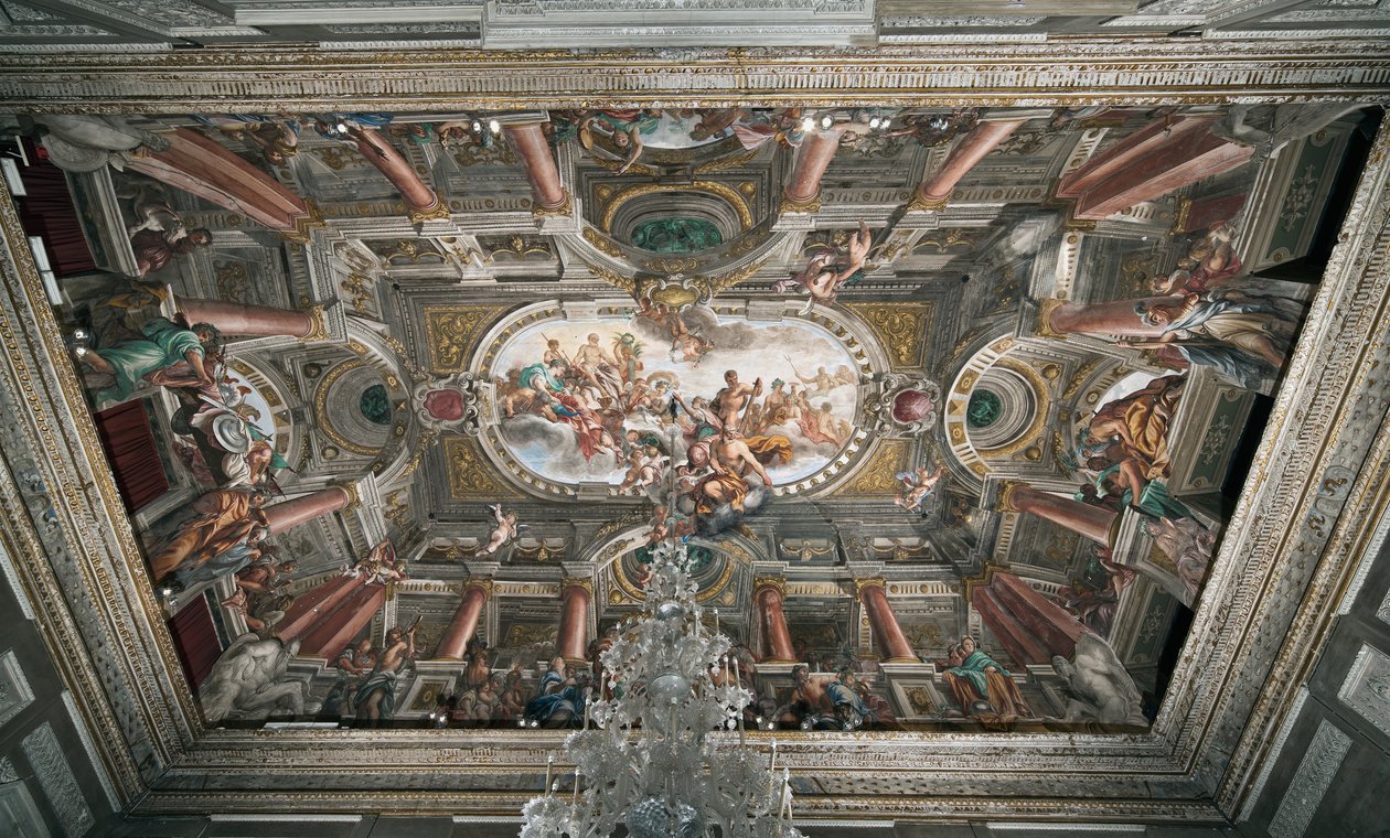 Tarjous Jupiterille Januksen temppelin (tai rauhan allegorian) avaimista, jalokerroksen kattoa, noin 1665 (fresko) tekijältä Domenico I Piola