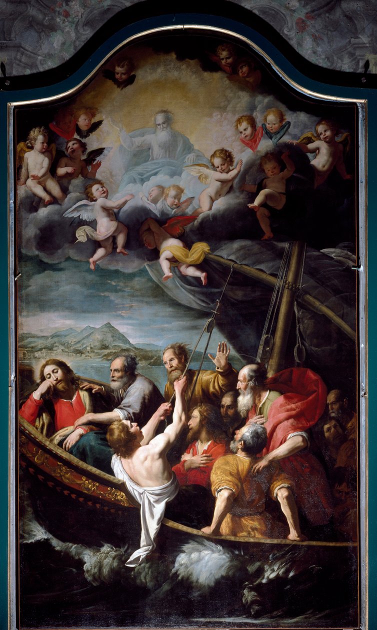 Pyhä Nikolaus rauhoittaa myrskyn. Domenico Fiasella dit il Sarzanan (1589-1669) maalaus Sestri Ponente, Santa Maria dell