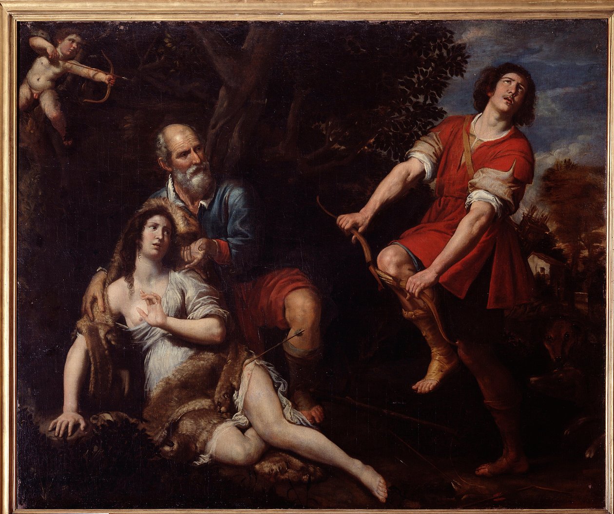 Sylvio ja Dorinda, Giovanni Battista Guarinin uskollinen paimen (öljy kankaalle). tekijältä Domenico Il Sarzana Fiasella