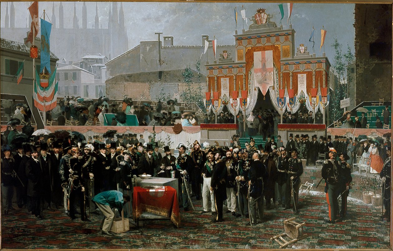 Vittorio Emanuele II -gallerian kulmakiven seremonia 7. maaliskuuta 1865 (öljy puulle tekijältä Domenico Induno