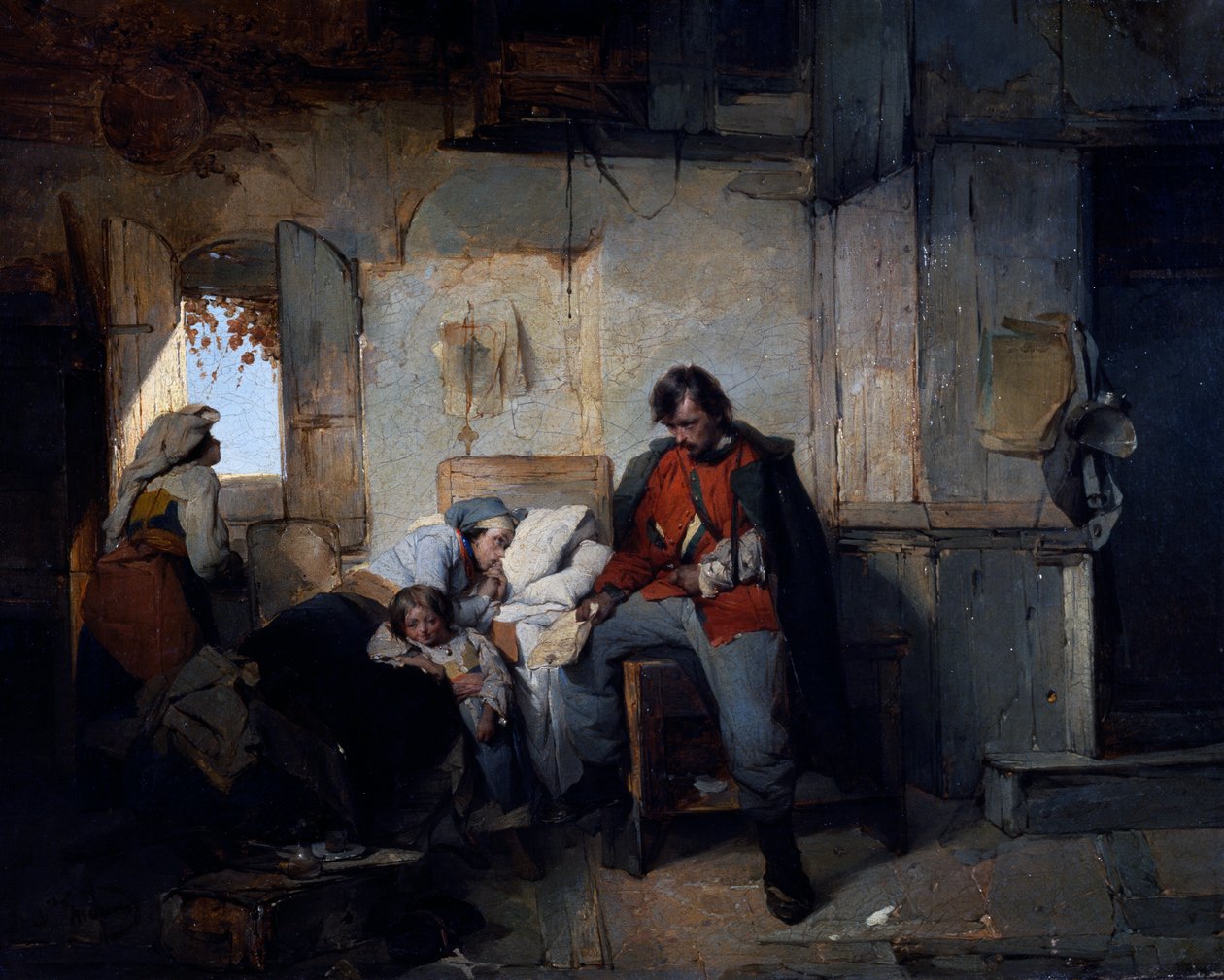 Haavoittuneen sotilaan paluu, n. 1854, Domenico Induno (1815-1878), öljy kankaalle, 42x53 cm, Italia tekijältä Domenico Induno