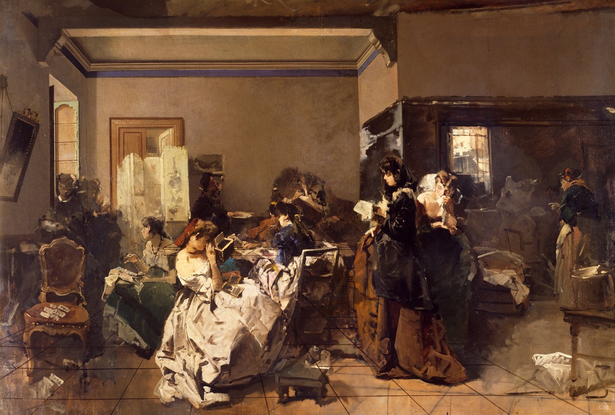 Ompelijakoulu, Domenico Induno (1815-1878), öljy kankaalle tekijältä Domenico Induno