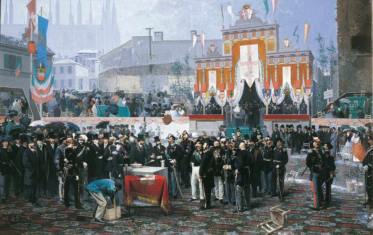 Galleria Vittorio Emanuelen kulmakiven laskeminen Milanossa, Domenico Induno tekijältä Domenico Induno