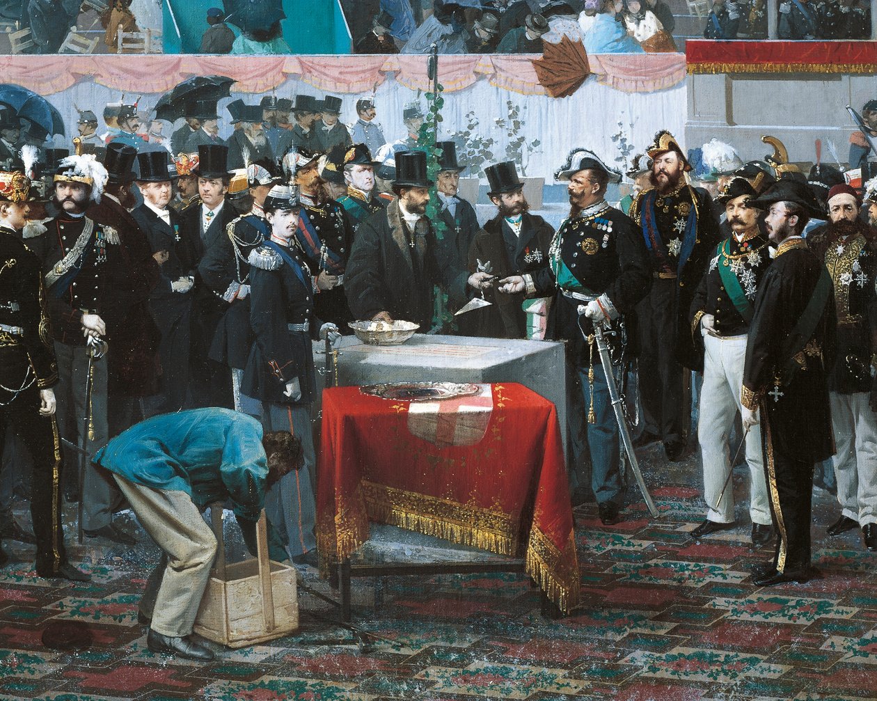 Galleria Vittorio Emanuelen kulmakiven laskeminen Milanossa, Domenico Induno, yksityiskohta, öljy kankaalle tekijältä Domenico Induno