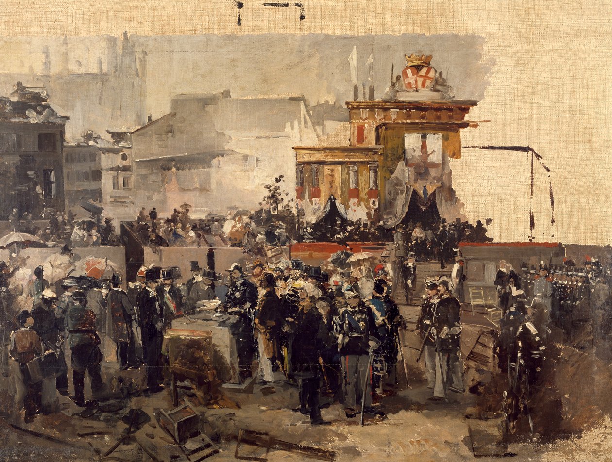 Galleria Victor Emmanuel II:n kulmakiven muuraus Milanossa 7. maaliskuuta tekijältä Domenico Induno