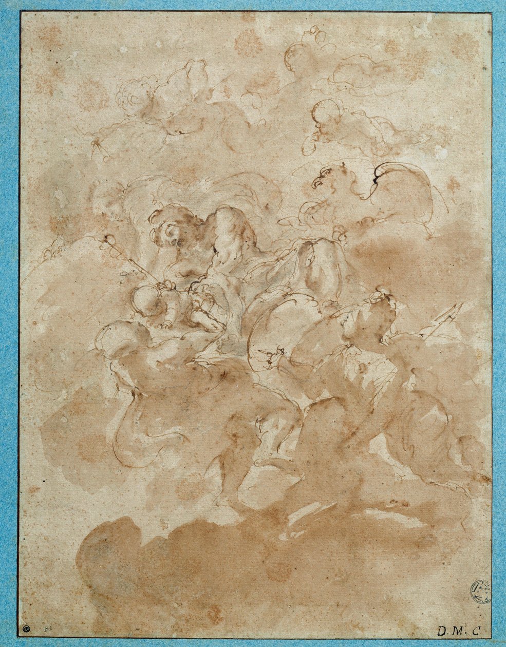 Jupiter uskoo Bacchuksen Mercure Drawingin ruskealla pesulla ja verellä, jonka on kirjoittanut Domenico Canuti (1620-1684) Paris. Louvren taidemuseo tekijältä Domenico Maria Canuti