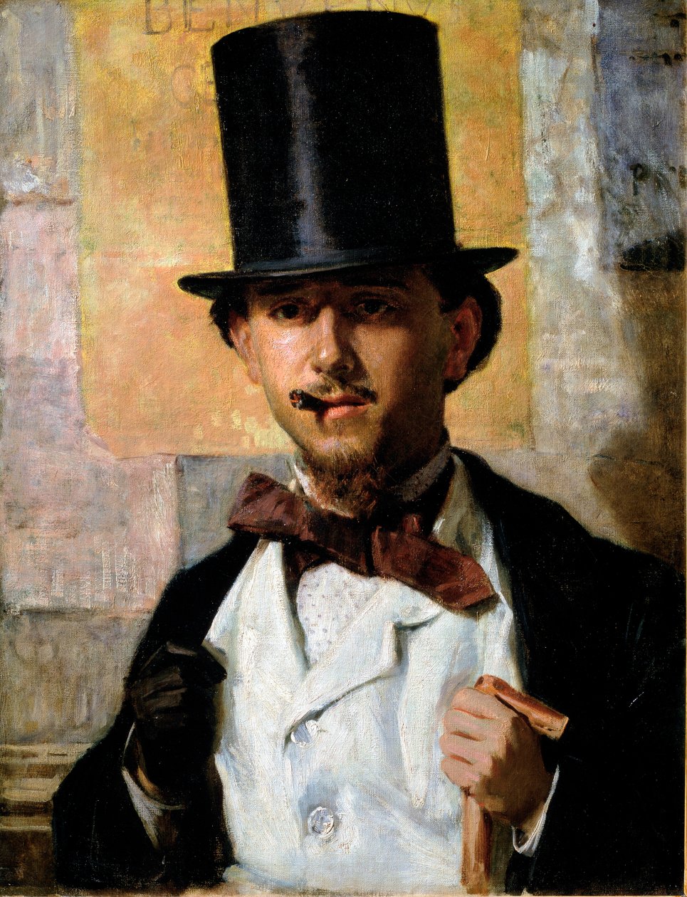Italialaisen taidemaalarin Bernardo Celentanon (1835-1863) muotokuva Tyylikäs mies silinterihattu ja -puku, rusetti, keppi ja hansikas päällä. Domenico Morellin (1826-1901) maalaus 1859 su. 67x52 cm Rooma, Galleria Nazionale d