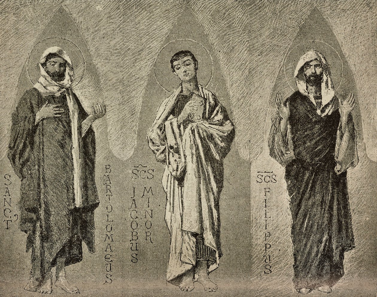 Pyhät Bartolomeus, Jaakob Pienempi ja Philip, Domenico Morellin sarjakuvat mosaiikille Amalfin katedraalissa Italiassa, piirros P Scoppetta, kaiverrus L