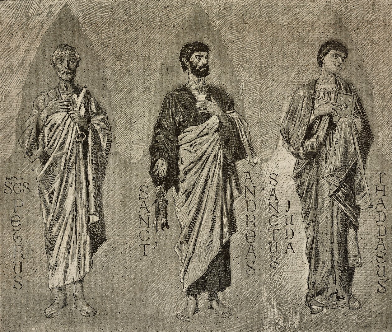 Pyhät Pietari, Andreas ja Juudas apostoli, Domenico Morellin sarjakuvat mosaiikille Amalfin katedraalissa, Italiassa, Italiassa, piirustus P Scoppetta, kaiverrus L