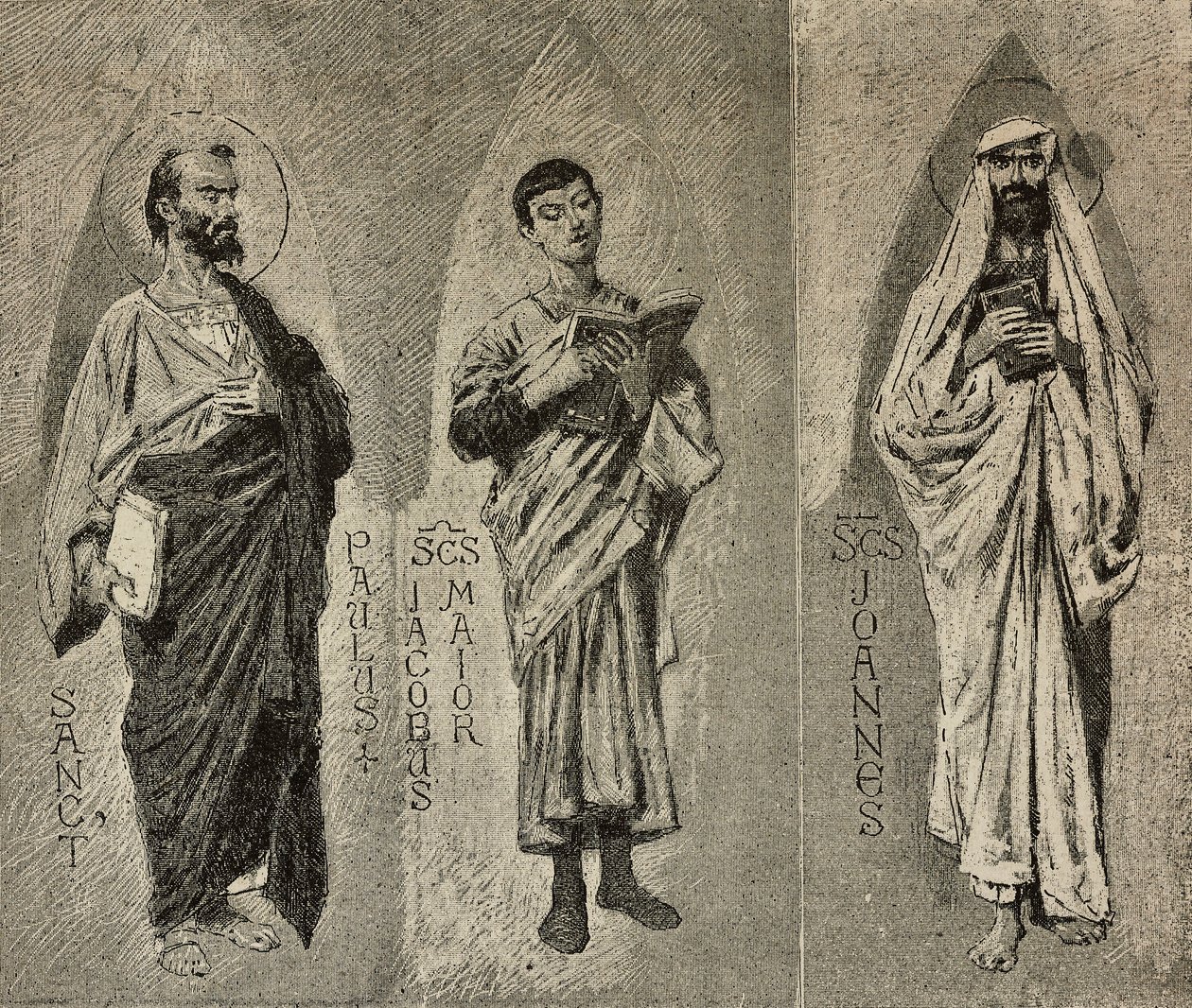 Sints Paavali, Jaakob Suuri ja Johannes, Domenico Morellin sarjakuvat Amalfin katedraalin mosaiikille, Italia, piirustus P Scoppetta, kaiverrus L