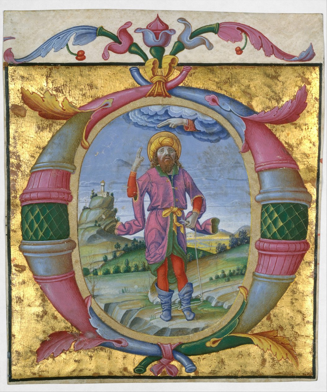David jalkansa silmukassa initialissa O, n. 1500. tekijältä Domenico Morone