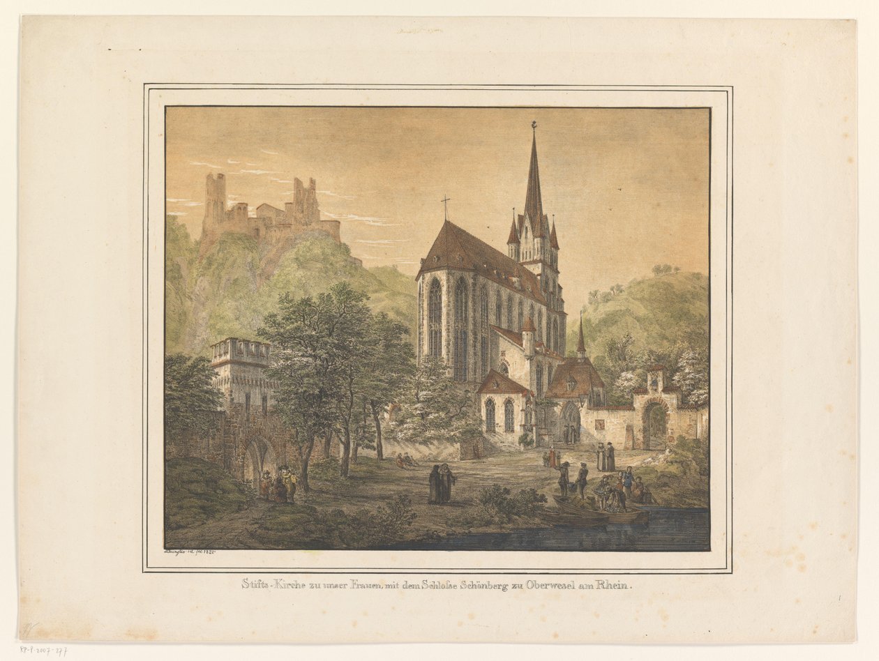 Gezicht op de Kerk en het kasteel te Oberwesel Col·legiata de Nostra Senyora, amb el castell de Schönberg a Oberwesel am Rhein (títol a l