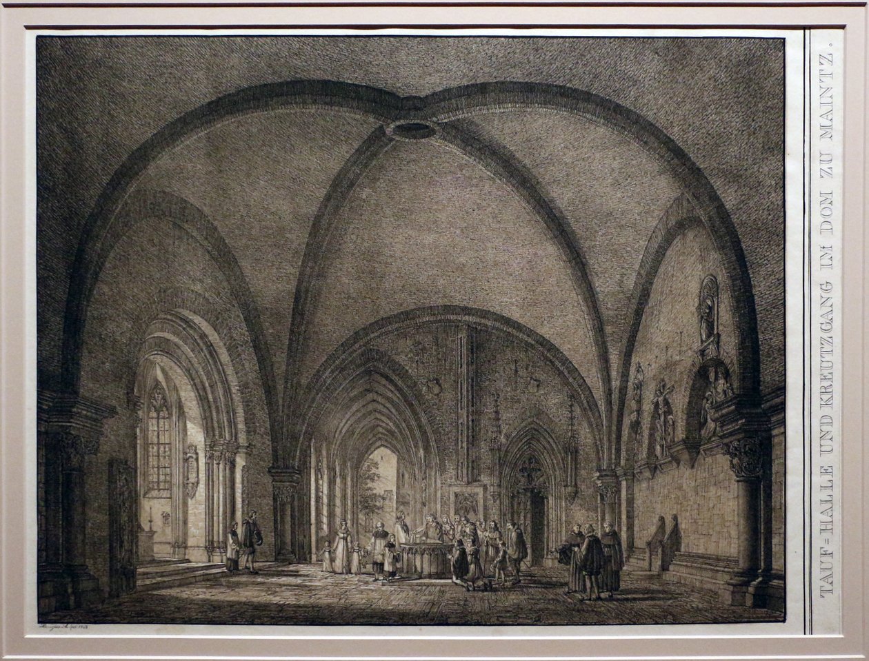 Domenico quaglio II, Mainzin tuomiokirkon kastemalja ja luostari, kokoelmasta Saksan keskiaikaisia rakennuksia, 1823, litografia. tekijältä Domenico Quaglio the Younger