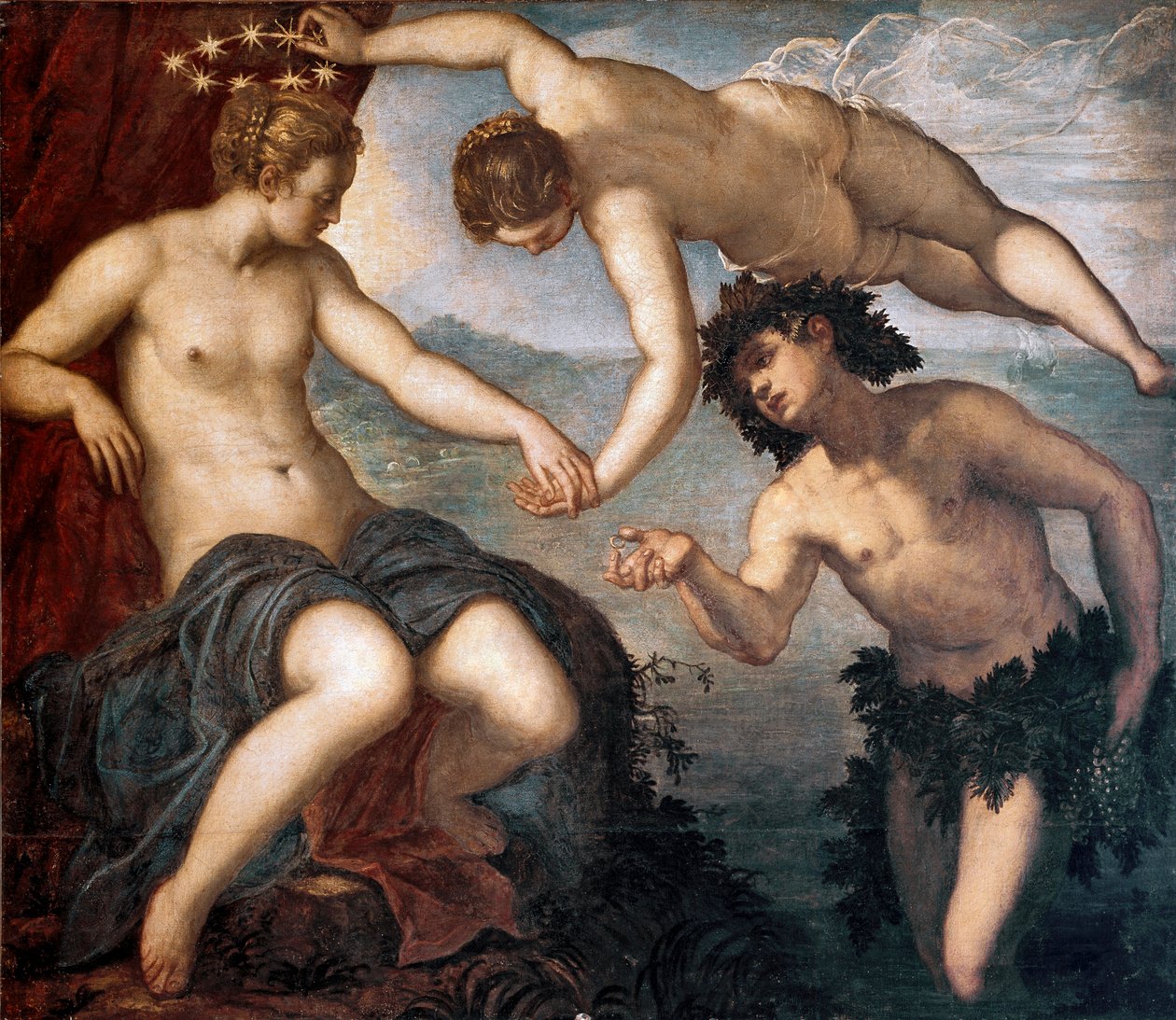 Bacchus, Venus ja Ariane maalaus Tintoretto tai Tintoret (Jacopo Robusti) (1518-1594) 1577-1580 Su. 146x167 cm Antiopiston laatta, Dogen palatsi, Venetsia tekijältä Domenico Robusti Tintoretto