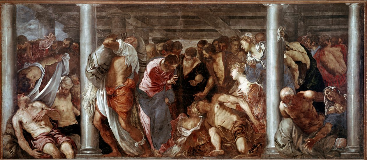 Kristus kuulee halvaantuneen (todennäköisen poolin). Jacopo Robustin maalaus dit il Tintoretto (The Tintoret tekijältä Domenico Robusti Tintoretto