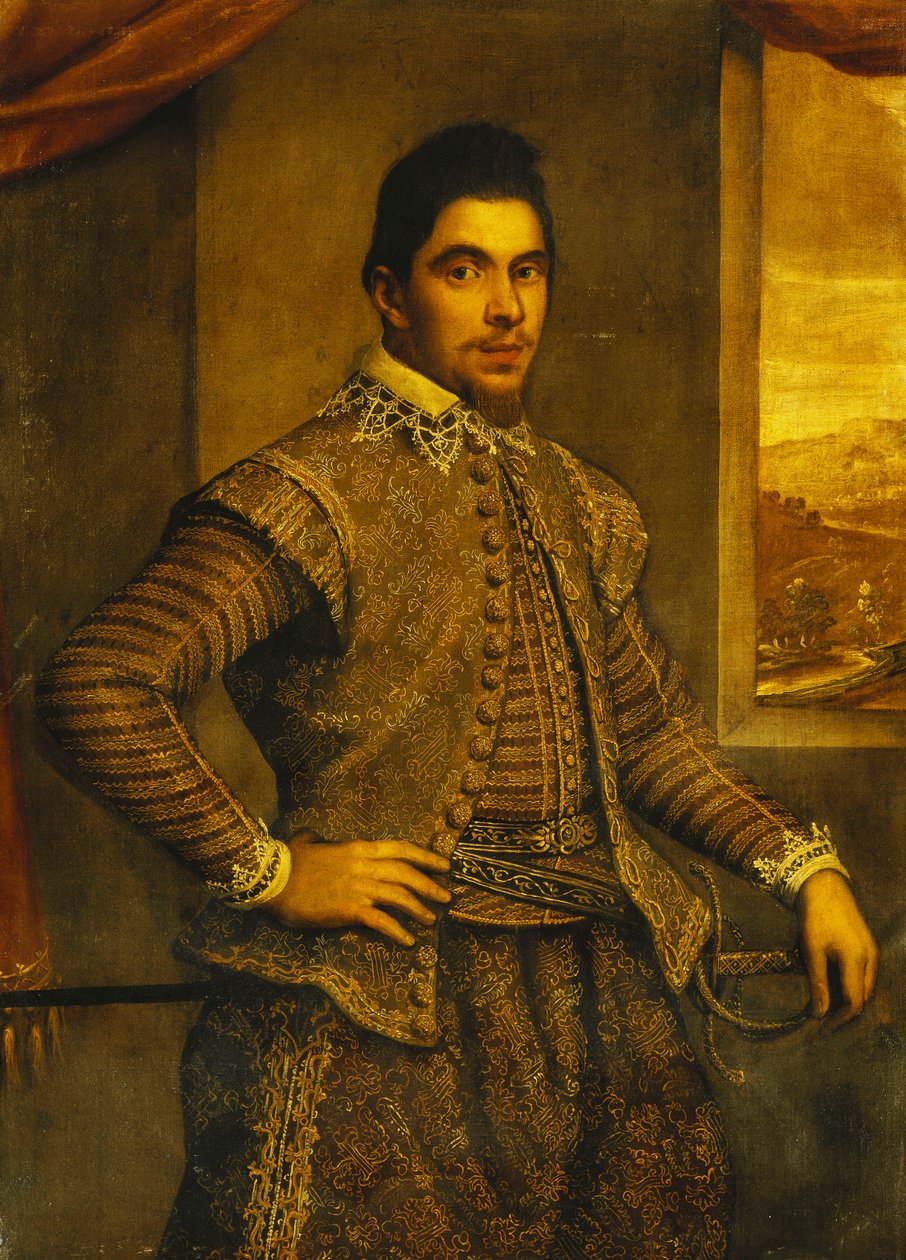 Herrasmiehen muotokuva, seisomassa kolme neljäsosaa, yllään taidokkaasti kirjailtu puku, ennen ikkunaa, maisema takana, tekijältä Domenico Robusti Tintoretto