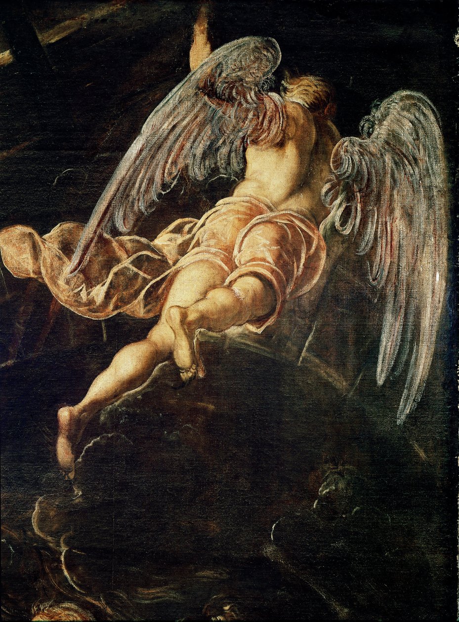 Jeesuksen Kristuksen laskeutuminen epävarmuuteen Yksityiskohta enkelistä. Jacopo Robustin maalaus detto il Tintoretto (The Tintoret tekijältä Domenico Robusti Tintoretto