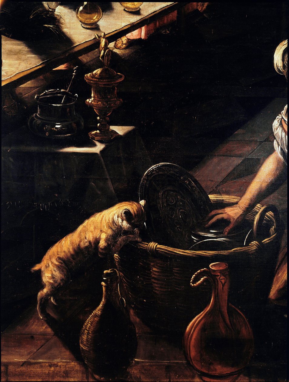 Viimeinen illallinen (La cene) Yksityiskohta kissasta etsimässä korissa. Jacopo Robustin maalaus nimeltä Tintoret (Tintoretto) (1518-1594) 1592-1594 Sun. 365x568 cm Venetsia, San Giorgion kirkko tekijältä Domenico Robusti Tintoretto