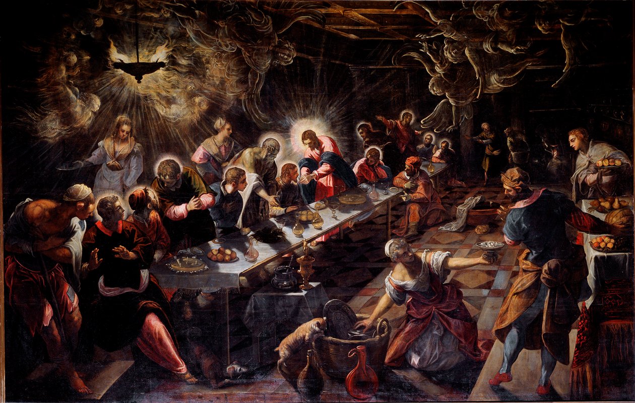Viimeinen illallinen (La cene) Jacopo Robustin maalaus sanoi Tintoret (Tintoretto) (1518-1594) 1592-1594 Sun. 365x568 cm Venetsia, San Giorgion kirkko tekijältä Domenico Robusti Tintoretto