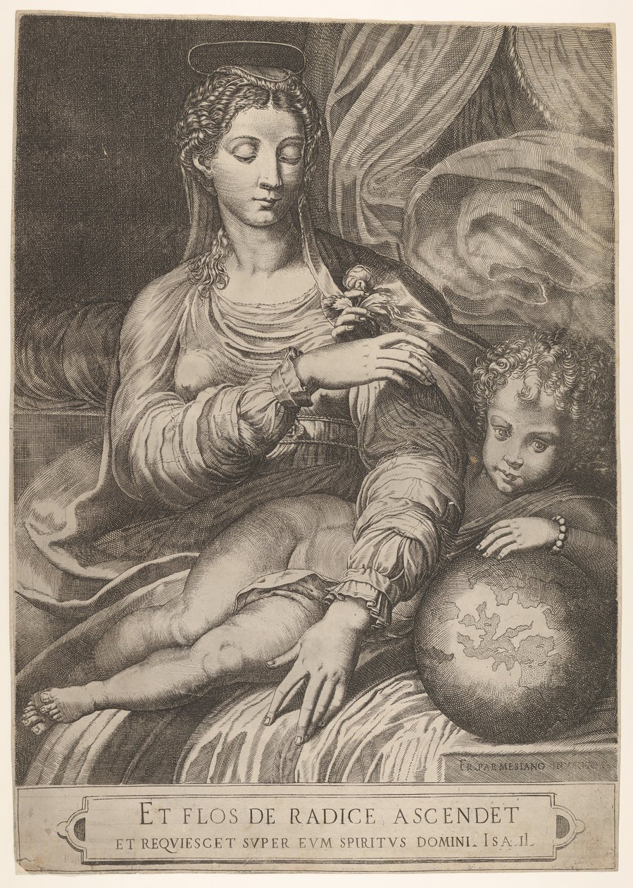 Ruusun Madonna, hän kurkottaa ruusua, jota pitelee Kristus-lapsi, joka lepää vasen..., 1560-75. tekijältä Domenico Tibaldi