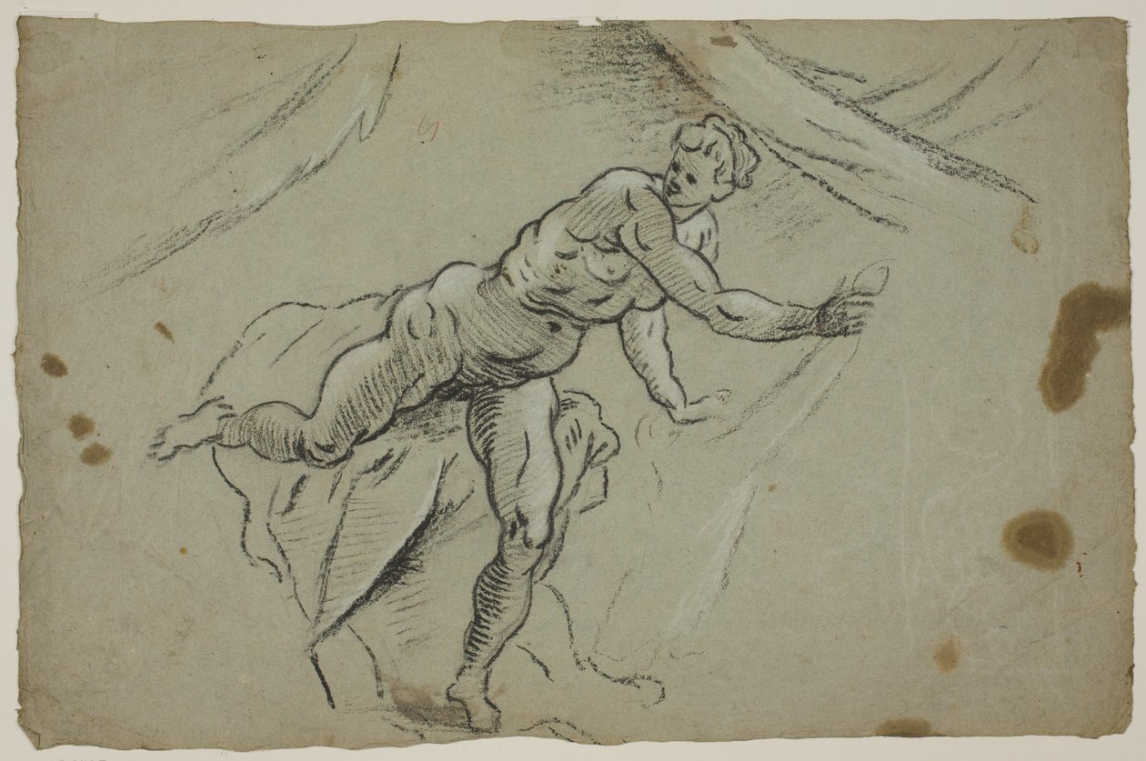 Alaston nainen kankaalla kädessään poistumassa kiireesti teltalta tekijältä Domenico Tintoretto