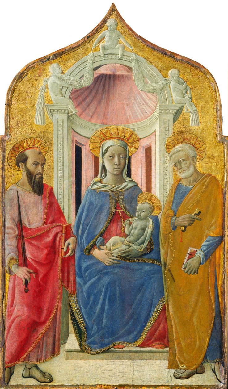 Madonna ja lapsi valtaistuimella Pyhän Pietarin ja Pyhän Paavalin kanssa, n. 1430. tekijältä Domenico di Bartolo