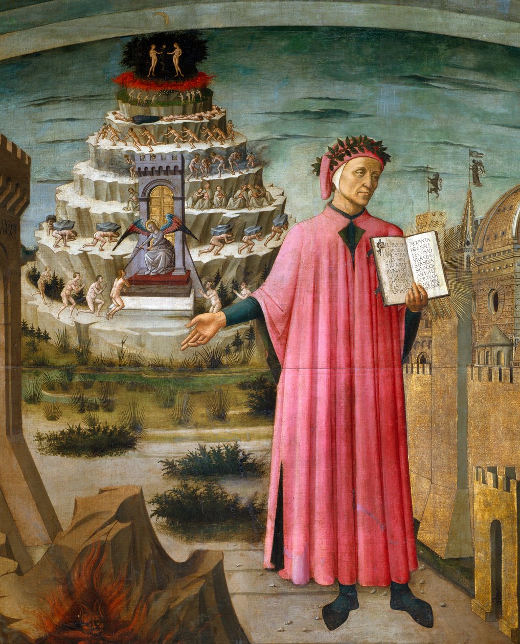 Dante Alighieri pitelee runoaan jumalallinen näytelmä. Hänen vieressään helvetti ja Firenzen kaupunki, taustalla Kiirastule ja paratiisi tekijältä Domenico di Michelino