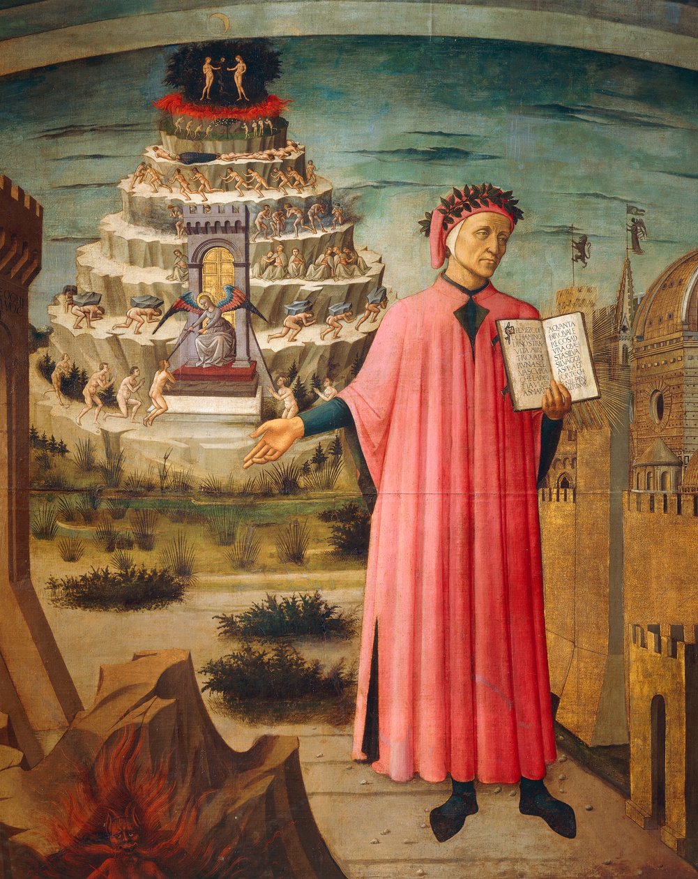Dante Alighieri, jumalallinen näytelmä kädessään ja kiirastulivuoret taustalla, yksityiskohta jumalallisesta komediasta, kirjoittanut Dante Alighieri (1265-1321), kirjoittanut Domenico di Michelino (1417-1491), fresko, Pyhän Marian Flowerin basilika, Firen tekijältä Domenico di Michelino