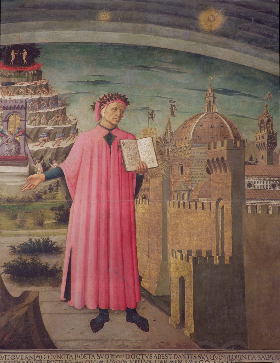 Dante lukemassa Jumalallista komediaa tempera paneelille yksityiskohta kuvasta 42355. tekijältä Domenico di Michelino