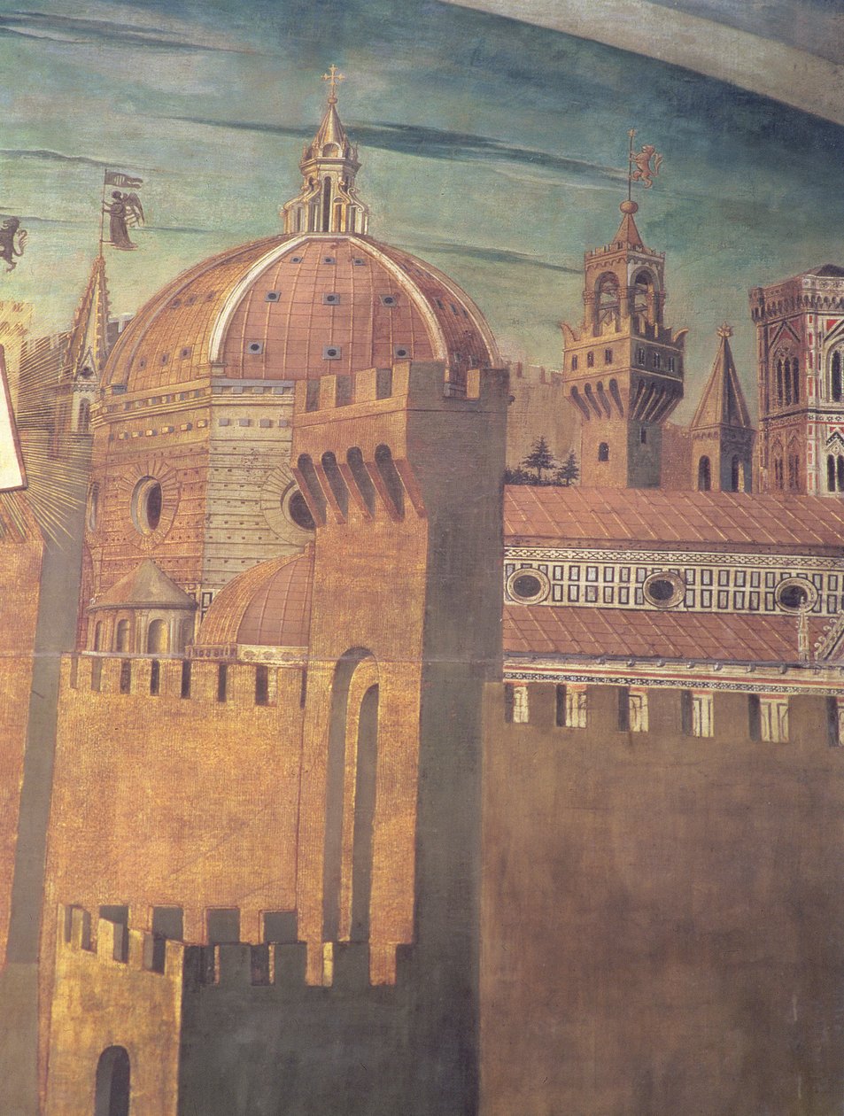 Yksityiskohta Firenzen katedraalia kuvaavasta freskosta, joka esittää Dantea ja Divinia Commediaa pohjoisessa käytävässä, 1465 fresko yksityiskohta 42355:stä tekijältä Domenico di Michelino