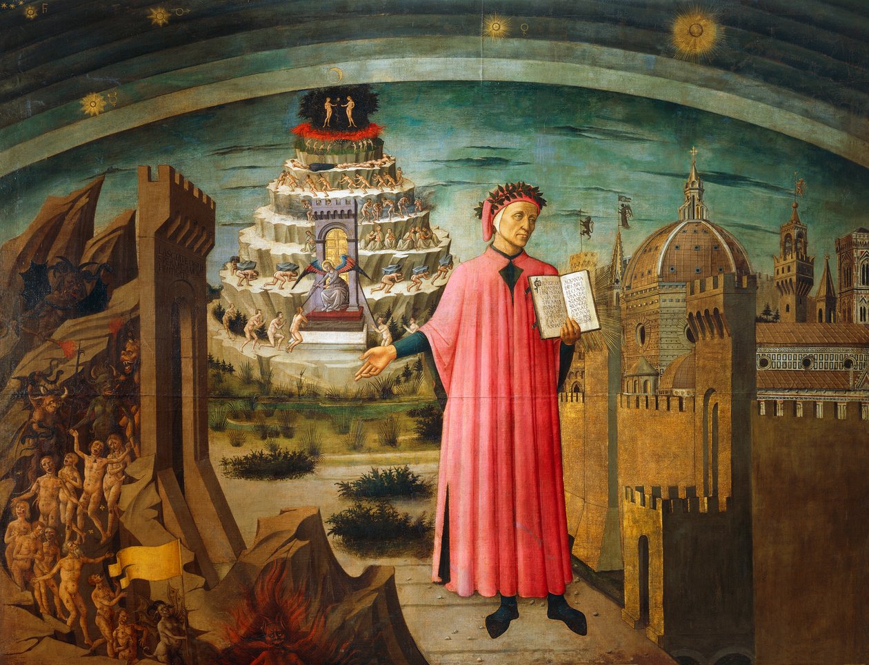Jumalallinen komedia, Dante Alighieri (1265-1321), Domenico di Michelino (1417-1491), fresko, Pyhän Marian Kukkakirkko, Firenze, Italia tekijältä Domenico di Michelino