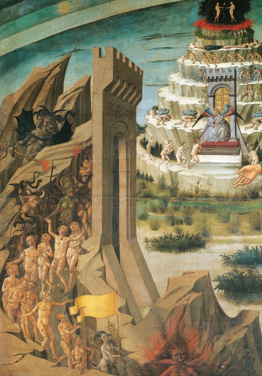 Kirotun hahmot, yksityiskohta Dantesta pitelee jumalallista näytelmää, fresko Domenico di Michelino (1417-1491), Santa Maria del Fioren katedraali, Firenze, Italia tekijältä Domenico di Michelino