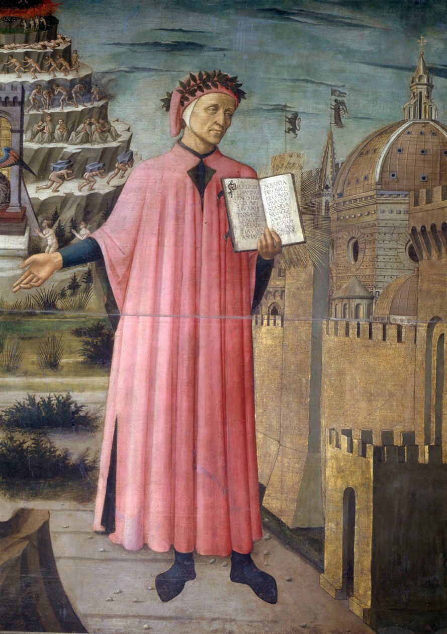 Italia, Toscanan alue, Firenze, katedraali, muotokuva Dante Alighieristä, Firenze ja allegoria Domenico di Michelinon jumalallisesta komediasta, penikkatauti kankaalle tekijältä Domenico di Michelino