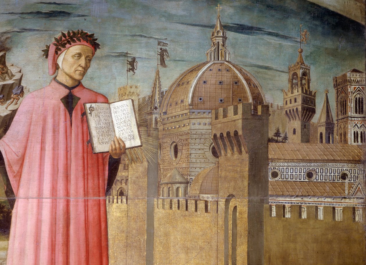 Italia, Toscanan alue, Firenze, muotokuva Dante Alighieristä, Firenze ja Domenico di Michelinon jumalallisen komedian allegoria tekijältä Domenico di Michelino