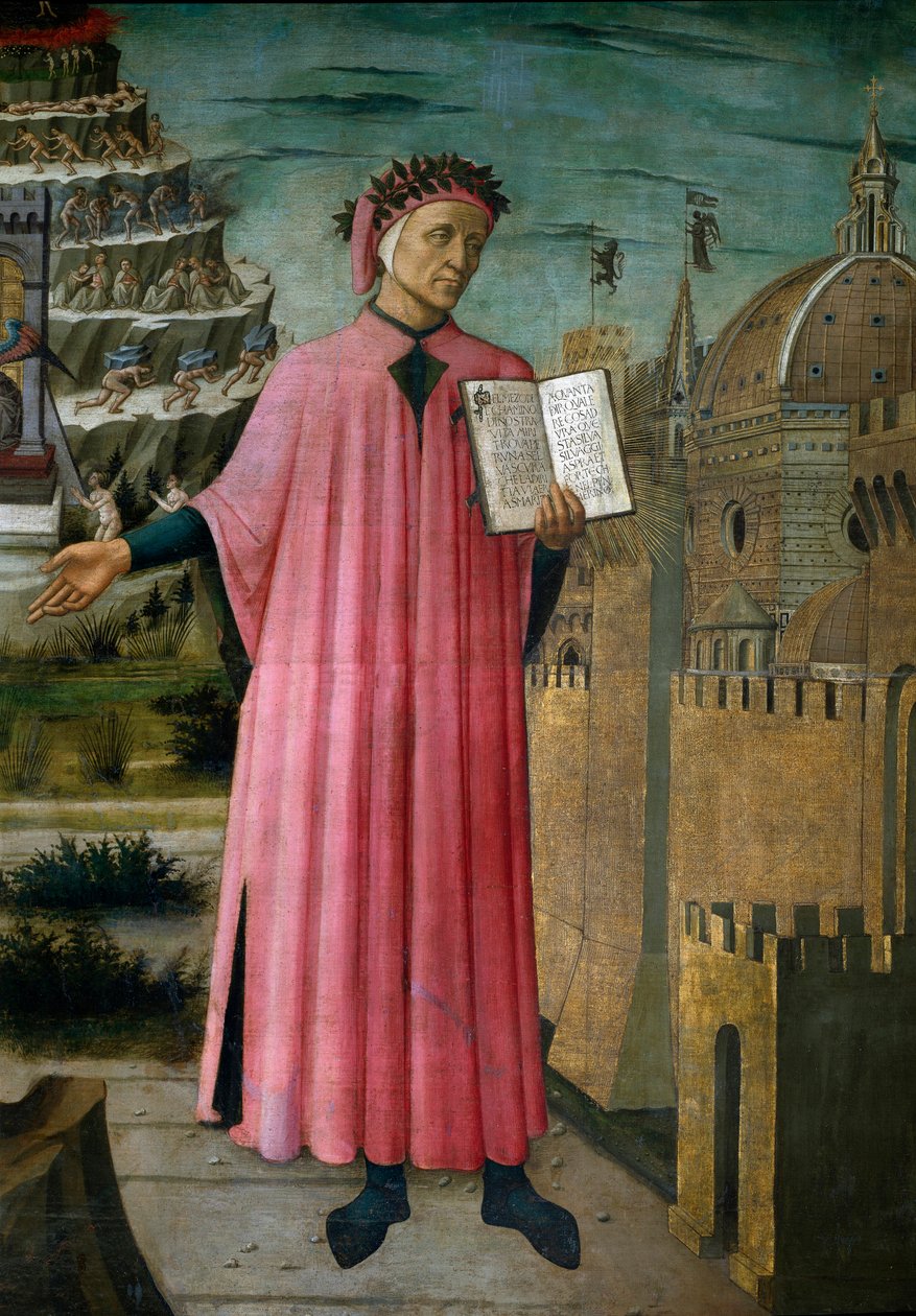 Italialainen runoilija Dante Alighieri (1265-1321) esittelee teoksensa La divine comedie ”(Jumallinen komedia)”. Yksityiskohta. Fresko Domenico di Michelino (1417-1491), Cathedrale Santa Maria del Fiore, Firenze. (Duomo, Firenze) Italia tekijältä Domenico di Michelino
