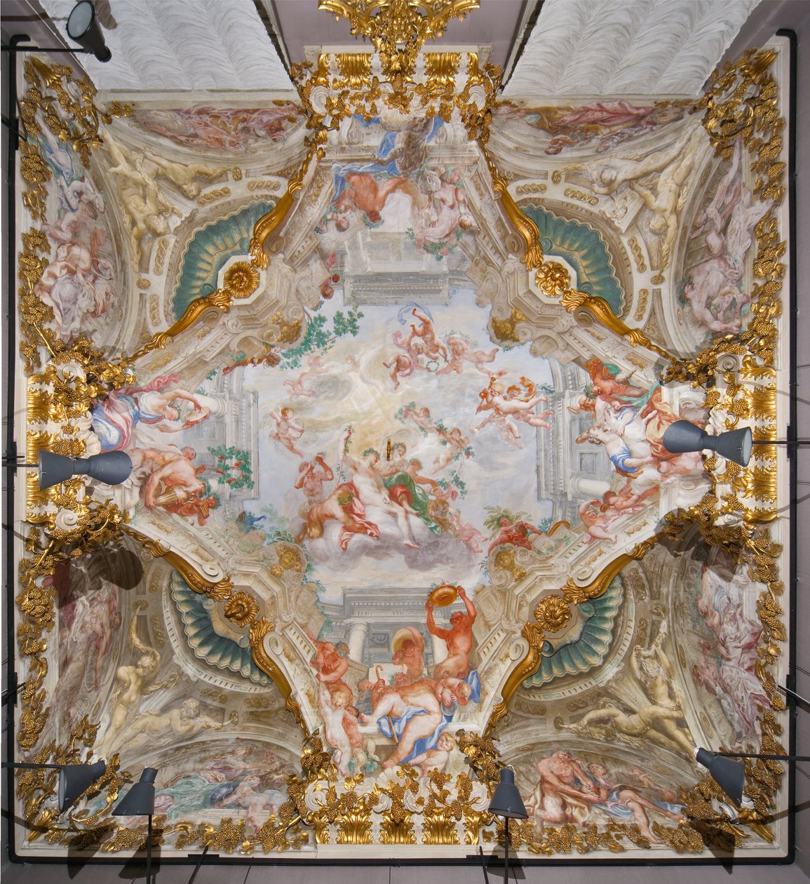Katto, jossa allegoria syksystä, Bacchus, Hall of Autumn tekijältä Domenico the Elder Piola