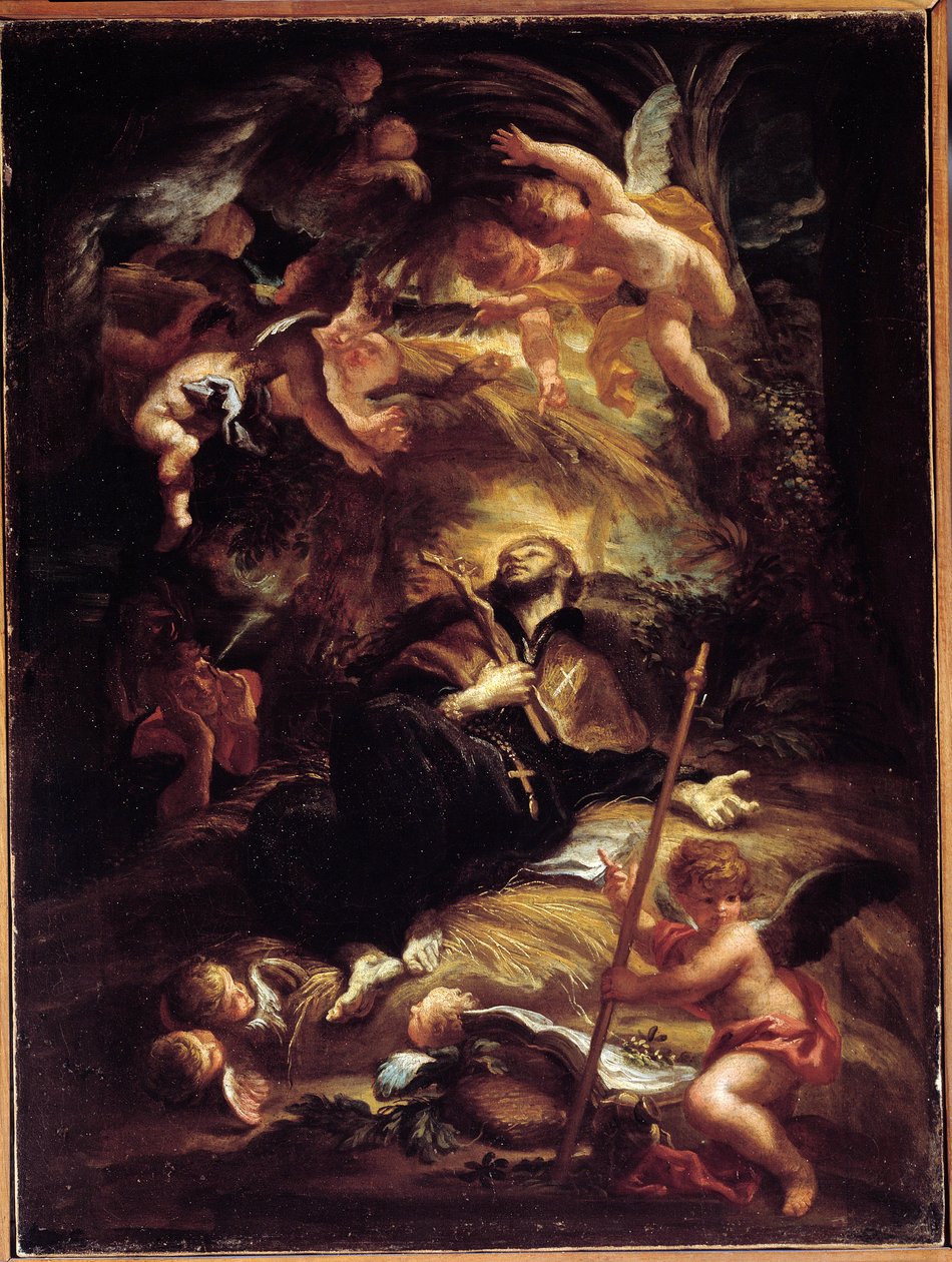 Pyhän Francois Xavierin (Francois-Xavier) kuolema (1506-1552), espanjalainen jesuiittalähetyssaarnaaja (Pyhän Francis Xavierin kuolema) Domenico Piolan (1627-1703) maalaus Genes, Musei di Strada Nuova (entinen Palazzo Bianco) tekijältä Domenico the Elder Piola